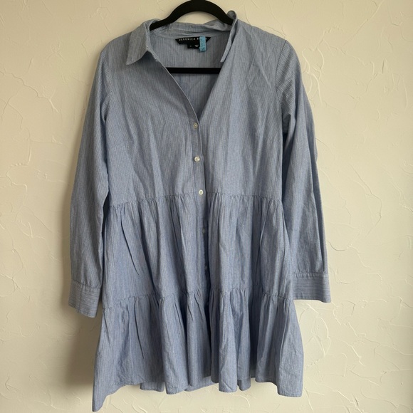 Veronica Beard Blue Pinstripe Babydoll Shirt Dress - Picture 3 of 4